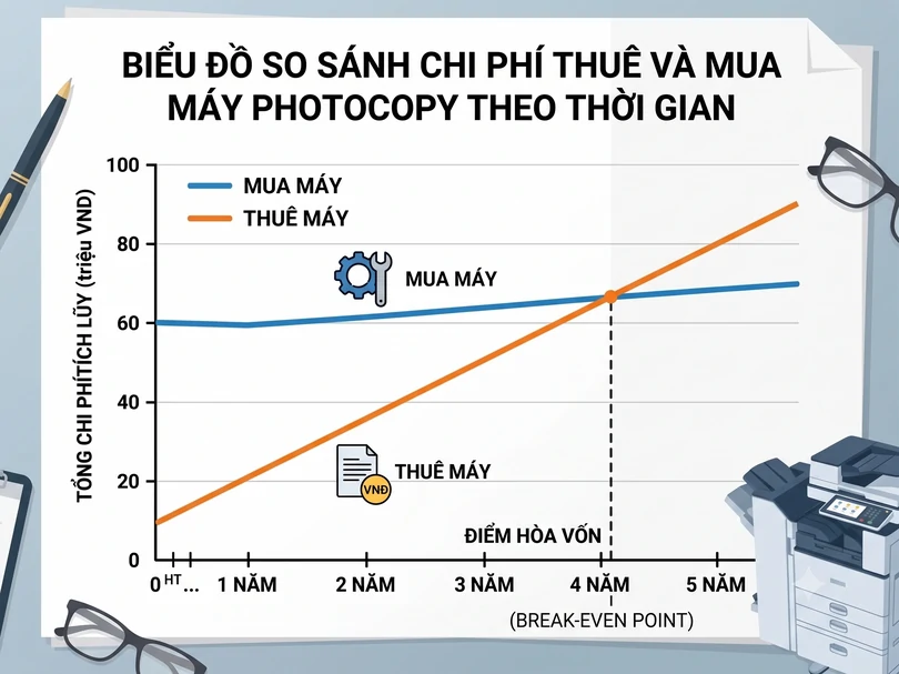 Biểu đồ so sánh chi phí thuê và mua máy photocopy theo thời gian