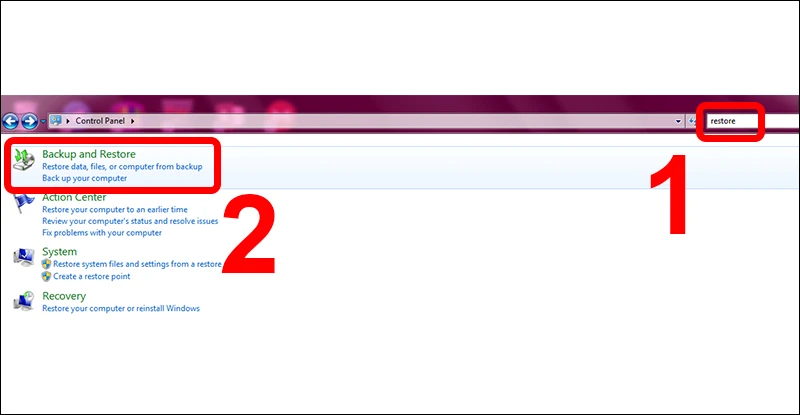 Mở Control Panel và tìm kiếm Restore bằng cách sử dụng thanh công cụ tìm kiếm > Chọn Backup and Restore.