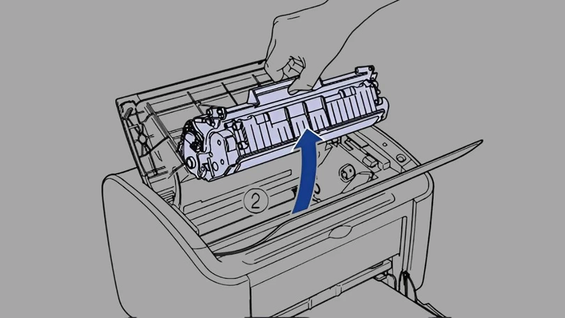 Tắt nguồn máy in để đảm bảo an toàn. Sau đó, nhẹ nhàng tháo hộp mực (Cartridge) ra khỏi máy.