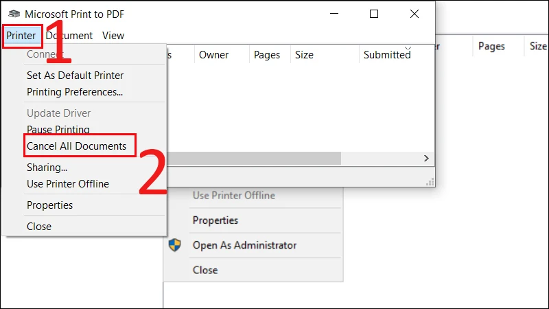 Bước 3: Trong menu Printer, chọn Cancel All Documents để hủy toàn bộ các lệnh in đang chờ.